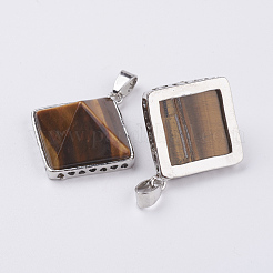 天然石タイガーアイペンダント  真鍮のパーツと  ピラミッド  プラチナ  28.5x32x13mm  穴：3.5x6mm&nbsp;G-E442-02D