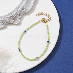 本物の 18k ゴールド メッキ 304 ステンレス スチール留め金付き、ナザールボンジュウランプワークとガラス シード ビーズのブレスレット  薄緑  6-3/4インチ（17.2cm）&nbsp;BJEW-JB09998-03
