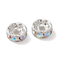 真鍮製ラインストーンスペーサービーズ  グレードA  ストレートフランジ  ロンデル  銀  クリスタルAB  8x3.8mm  穴：1.5mm&nbsp;RB-YW0001-04D-02S