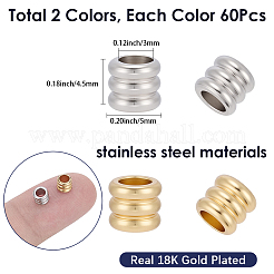 120個 2色 201ステンレスビーズ  コラム  本金メッキ&ステンレススチールカラー  5x4.5mm  穴：3mm  60個/カラー&nbsp;STAS-SP0002-12