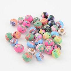手作りの花柄のポリマークレイラウンドビーズ  ミックスカラー  8mm  穴：1~1.5mm&nbsp;X-CLAY-Q172-M