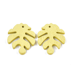塗装ポプラウッドペンダント  トロピカルリーフチャーム  モンステラ葉  きいろ  30x24x2.5~3mm  穴：1.5~2mm&nbsp;WOOD-S045-067F