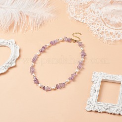 天然アメジストチップ＆パールビーズネックレス  女性のためのアクセサリー用原石のアクセサリー  15.35インチ（39cm）&nbsp;NJEW-JN04008-03