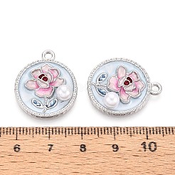 メッキ合金エナメルチャームラック  フラットラウンド＆フラワー  ABSの模造パールと  プラチナ  23.5x20x5.5mm  穴：2mm&nbsp;ENAM-N065-17P