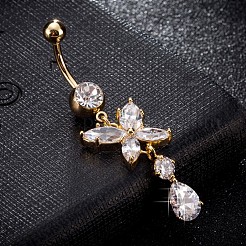 真鍮製キュービックジルコニアへそピアス  ベリーリング  304ステンレススチールバー付き  カドミウムフリー＆鉛フリー  18KGP本金メッキ  花  透明  54x15mm  バー: 15 ゲージ (1.5mm)  バーの長さ: 3/8