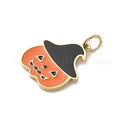 304ステンレススチール製エナメルハロウィンテーマチャーム  ゴールドカラー  丸カン付き  カボチャ  12x10x1mm  穴：2.5mm&nbsp;LS-STAS-Z164-03G-09
