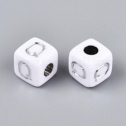 不透明なアクリルビーズ  文字付きのキューブ  シルバーライン入り  文字Q  9~10x9~10x9~10mm  穴：4mm  約625個/500g&nbsp;SACR-T035-03Q