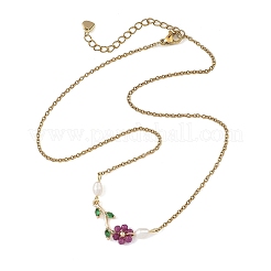 Natural Stone Beaded Flower Brass Pave Green Cubic Zirconia Branch Pendant 304 Stainless Steel Cable Chain Necklaces for Women&nbsp;NJEW-JN06415