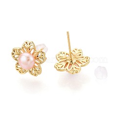 Flower Brass Natural Pearl Stud Earrings&nbsp;PEAR-N017-07F