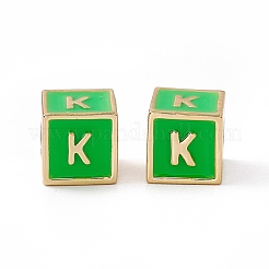 メッキ真鍮エナメルビーズラック  カドミウムフリー＆ニッケルフリー＆鉛フリー  18KGP本金メッキ  文字付きのキューブ  ライムグリーン  文字.k  6x6x6mm  穴：2.5mm&nbsp;KK-B060-04G-02K