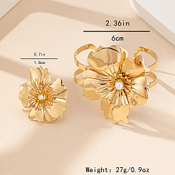 女性用フラワー合金カフバングル＆カフリングセット  プラスチック模造パールと  ゴールドカラー  内径：60mm&nbsp;FS-WGC4226-01