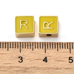 304ステンレススチールエナメルビーズ  14KGP本金メッキ  文字のある正方形  文字r  8x8x4mm  穴：2mm&nbsp;STAS-L022-293G-R