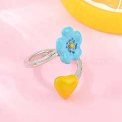 女性用真鍮カフオープンリング  花  エナメル  カドミウムフリー＆鉛フリー  ラックめっき  長持ちメッキ  プラチナ  ディープスカイブルー  usサイズ7 1/4(17.5mm)&nbsp;KK-CBA17E5-03P-02