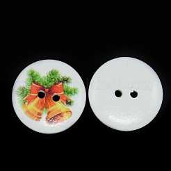 祝日モチーフボタン  ウッドボタンクリスマスのための2 穴の染めフラットラウンドプリント木製の縫製ボタン  カラフル  15x4mm  穴：1.5mm&nbsp;BUTT-P001-15mm-10