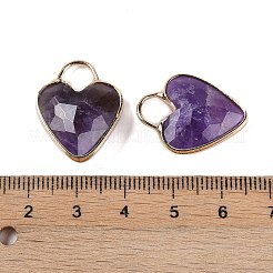 天然アメジストのファセットペンダント  金メッキ真鍮ハートチャーム  23x18x7~7.5mm  穴：6x6.5mm&nbsp;KK-L218-005G-06