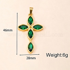 304ステンレススチール製パヴェキュービックジルコニア宗教クロスペンダント（男性用・女性用）  18KGP本金メッキ  グリーン  46x28mm&nbsp;WG31638-02
