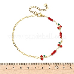 Brass Enamel Red Cherry Link and Paperclip Chain Anklets for Women&nbsp;AJEW-AN00815