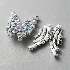 1穴亜鉛合金ラインストーンシャンクボタン  蝶  クリスタルAB  銀  26x20.5x3mm  穴：1.2mm&nbsp;FIND-WH0152-110S
