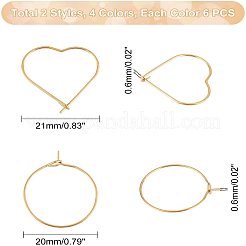 24個 6スタイルイオンプレーティング(IP) 316L外科用  24個 6スタイル 304ステンレススチールフープピアス金具  ワイングラスチャームのパーツ  ミックスカラー  21x0.7mm  21ゲージ  20x20x0.6mm  ピン：0.6mm  6個/スタイル&nbsp;STAS-DC0001-22