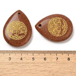 合成ゴールドストーンドロップペンダント  金の生命の樹が刻まれた涙型のチャーム  33~33.5x24.5~25x7~7.5mm  穴：2mm&nbsp;G-C158-01F