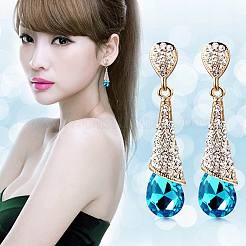 Real 18K Gold Plated Brass Rhinestone Teardrop Stud Earrings&nbsp;EJEW-EE0001-232C