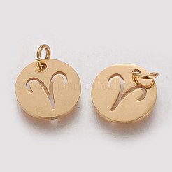 304ステンレススチールチャーム  星座/星座とフラットラウンド  ゴールドカラー  牡羊座  12x1mm  穴：3mm&nbsp;STAS-Q201-T445-1G
