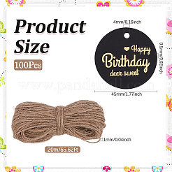 フラットラウンドゴールドワード「Happy Birthday Dear」スイートハンギングタグ100個  ギフトタグ  20mのジュートコード付き  ブラック  タグ：45x0.5mm  穴：4mm&nbsp;DIY-SP0003-87B