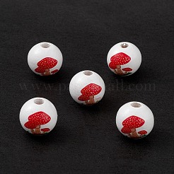 印刷された天然木のヨーロッパのビーズ  大穴ビーズ  マッシュルーム模様のラウンド  レッド  15.5mm  穴：4mm&nbsp;WOOD-C015-05