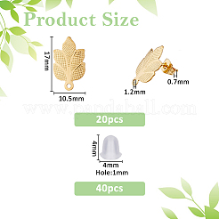 304ステンレススチールスタッドピアス金具20個  ピアスキャッチとカン付き  葉  40個のプラスチック製イヤーナット付き  ゴールドカラー  17x10.5mm  穴：1.2mm  ピン：0.7mm&nbsp;STAS-DC0017-04