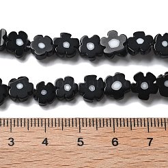 ハンドメイドミッレフィオーリ ランプワークビーズ連売り  花  ブラック  7.5~8.5x7.5~8.5x3~3.5mm  穴：0.8mm  約50個/連  15.75~15.94インチ（40~40.5cm）&nbsp;LAMP-F035-09E