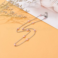 304ステンレススチールアズキチェーンネックレス  エナメルビーズ  ステンレス鋼色  ピンク  17.3インチ（44cm）&nbsp;NJEW-JN03629-01