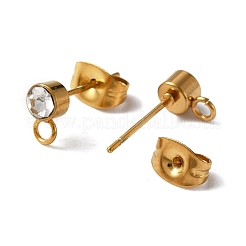 304ステンレススチールスタッドピアス金具  水平ループとクリスタルラインストーン付き  コラム  ゴールドカラー  7x4mm  穴：1.8mm  ピン：0.7mm&nbsp;STAS-WH0029-44B-G