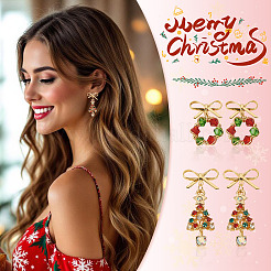 2 Pairs 2 Styles Bowknot with Wreath & Christmas Tree Alloy GLass Dangle Stud Earrings&nbsp;EJEW-TA00699