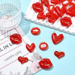 12個6スタイル不透明樹脂ペンダント  リップ＆ハート  プラチナループ付き  レッド  18~27x20.5~27.5x6.5~7mm  穴：2mm&nbsp;RESI-CZJ0001-01