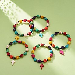 Natural Mashan Jade Skull Beaded Stretch Bracelet with Synthetic Turquoise(Dyed) Cross Charm&nbsp;BJEW-JB08372