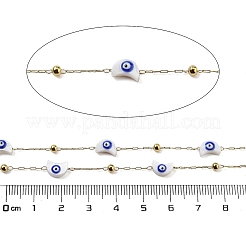 304ステンレススチールアズキチェーン  シェル＆エナメル付き  織り目加工の楕円形のリンク チェーン  ハンダ付け  イオンプレーティング（ip）  スプールで  ナザールボンジュウ付きの月  18KGP本金メッキ  8x5.5x3.5mm  約32.81フィート（10m）/ロール&nbsp;CHS-K018-19G-04