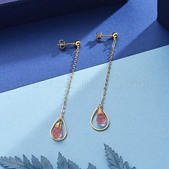 ワイヤーで包まれた天然および合成宝石用原石スタッドピアス  304ステンレススチールスタッドピアス金具付き  真鍮製アズキチェーン  リンクリングとイヤーナット  ティアドロップ  74mm  ピン：0.8mm&nbsp;EJEW-JE04061