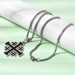 Jerusalem Cross Alloy Enamel Black Pendant 201 Stainless Steel Box Chain Necklaces&nbsp;NJEW-Z109-01P