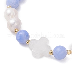Natural Blue Lace Agate & Cultured Freshwater Pearl Round Beads Stretch Bracelets for Women&nbsp;BJEW-JB13086-01