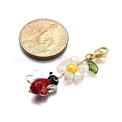 手作りのランプワークの蜂のペンダント装飾  ガラスとアクリルの花とロブスターの爪の留め金付き  ゴールドカラー  50~53mm&nbsp;HJEW-TA00348