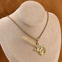 201 Stainless Steel Hollow Guitar Pendant Box Chain Necklaces&nbsp;NJEW-M086-03G