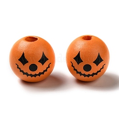 プリントラウンドウッドヨーロピアンビーズ  ハロウィンテーマの大穴ビーズ  モンスターの顔  オレンジ  16mm  穴：4mm&nbsp;X1-WOOD-M006-04