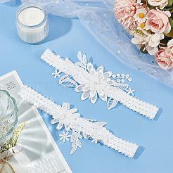 3Dフラワーポリエステルレース弾性ブライダルガーター  プラスチック模造パールと  結婚式の衣服の付属品  ホワイト  205~210x75~90mm  2個/セット&nbsp;AJEW-WH0470-03A