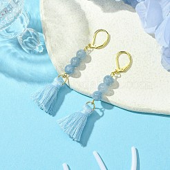 ポリコットンタッセルフレンチフックピアス  染色された天然石英の丸いビーズ付き  模造アクアマリン  ブルー  ゴールドカラー  65x10mm&nbsp;EJEW-JE06004