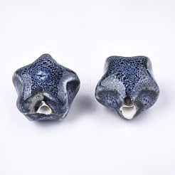手作りの陶器ビーズ  ファンシーアンティーク施釉磁器  スター  マリンブルー  15~16x15.5~17x12~12.5mm  穴：2~2.5mm&nbsp;PORC-S498-48A