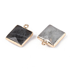 天然ラブラドライト ファセットペンダント  真鍮のスクエアチャーム  ゴールドカラー  18x14~15x6~6.5mm  穴：1.8mm&nbsp;G-T139-95A