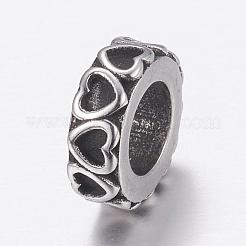 304ステンレススチールビーズ  ハート付きフラットラウンド  アンティークシルバー  10x3mm  穴：6mm&nbsp;STAS-P173-094AS