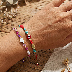 2Pcs 2 Styles Round Glass & Lampwork & Imitation Pearl & Synthetic Turquoise & Natural Shell & Seed Beads Braided Bead Bracelets&nbsp;VE0130-4