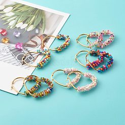 女の子の女性のためのハートガラスシードビーズフープピアス  304ステンレススチール製イヤリングワイヤー付き  ゴールドカラー  ミックスカラー  45x37x8mm  ピン：1mm&nbsp;EJEW-JE04613
