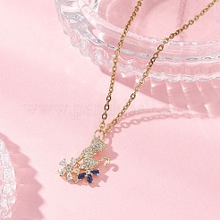 Cat with Flower Brass Pave Blue and Clear Cubic Zirconia Pendant 304 Stainless Steel Cable Chain Necklaces for Women&nbsp;NJEW-JN05715